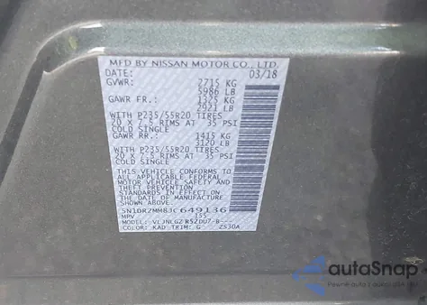 2018 Nissan Pathfinder Sl из США, поврежденный, VIN 5N1DR2MM8JC649136